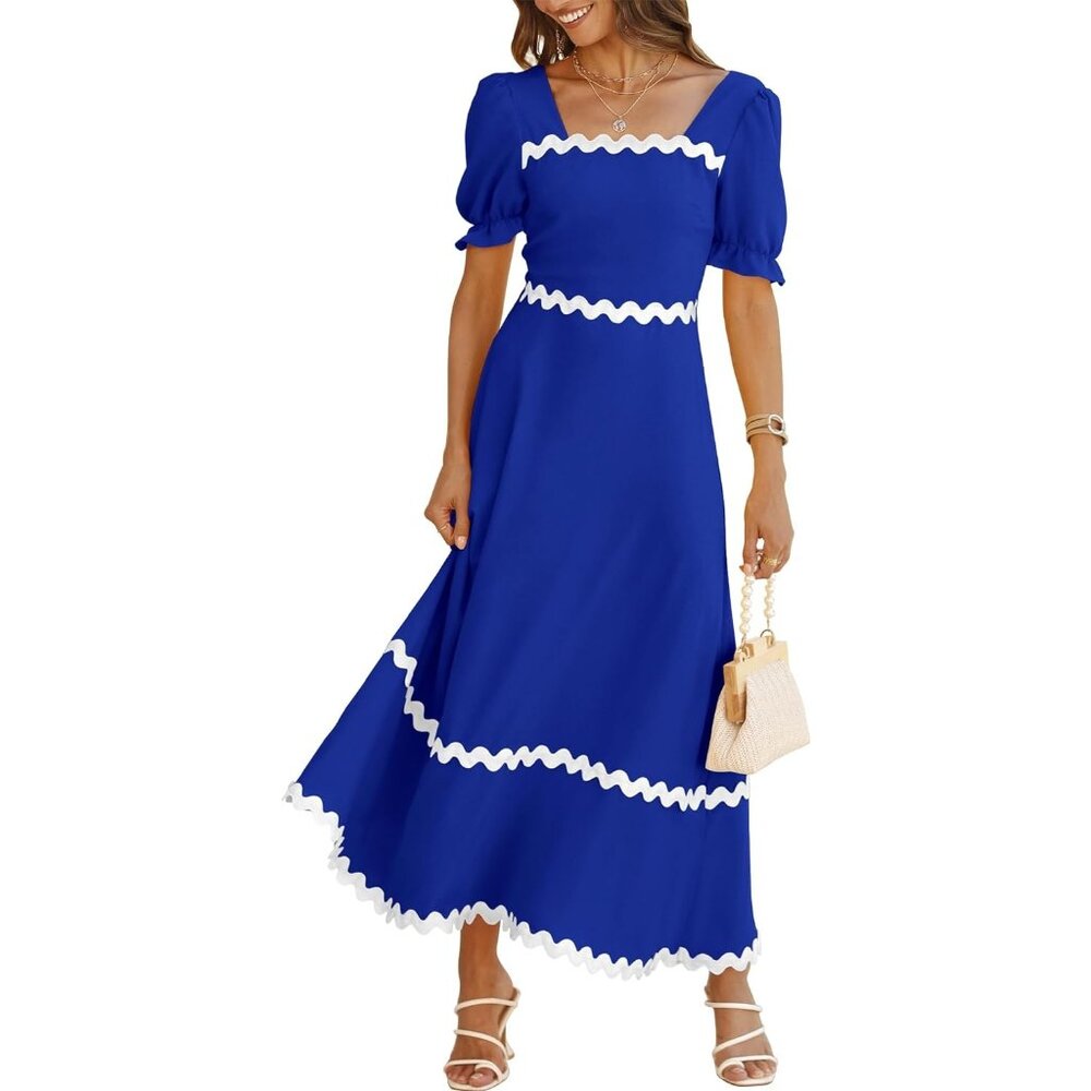 Women's 2024 Summer Square Neck Short Puff Sleeve Dress Maxi Dresses